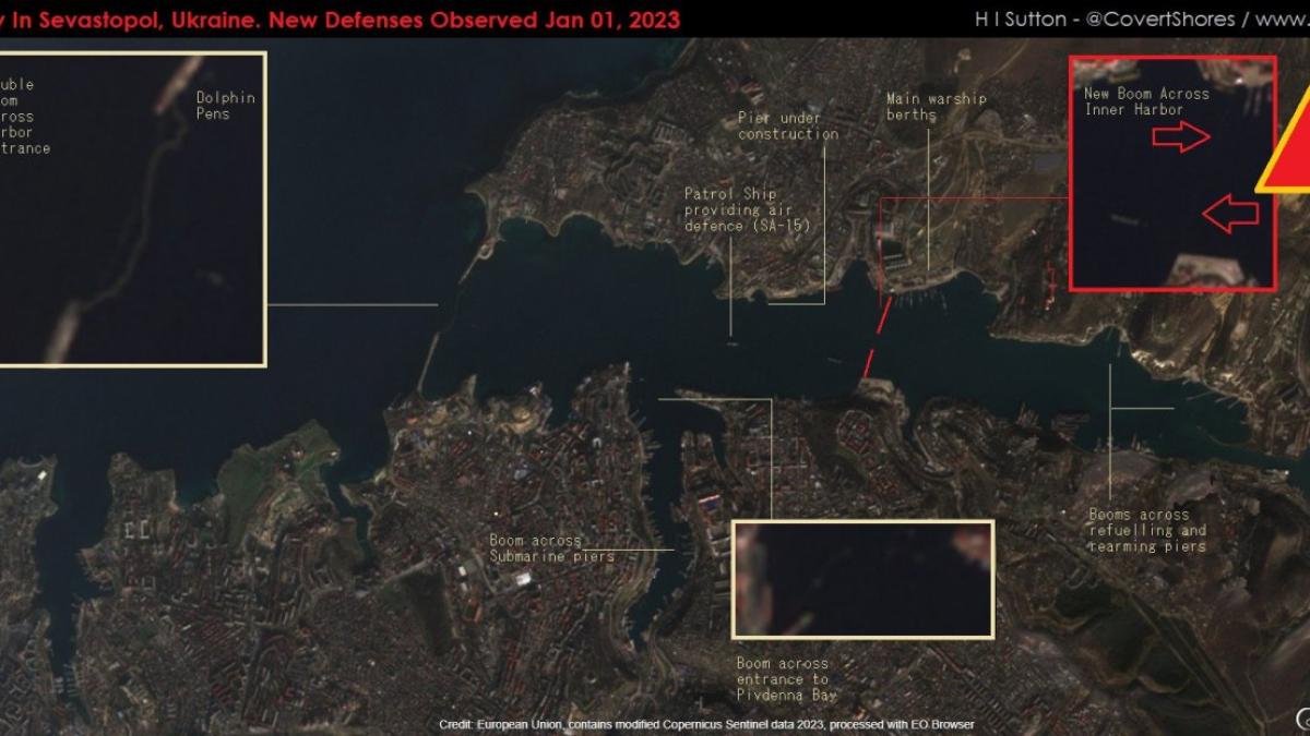 Rusia se teme de un nou atac cu drone maritime asupra navelor Flotei ruse din Marea Neagră (Foto). A improvizat sisteme de apărare la intrarea în portul Sevastopol