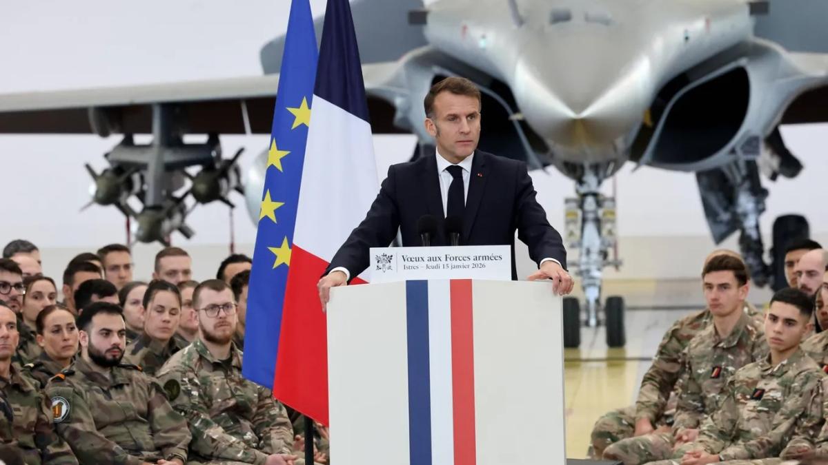 Emmanuel Macron tine un discurs în faţa Armatei franceze, 15 ianuarie 2026. Sursa foto: challenges.fr/X/