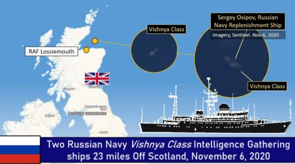 Două nave rusești de cercetare radioelectronică operează în apropierea unei importante baze militare din Scoția