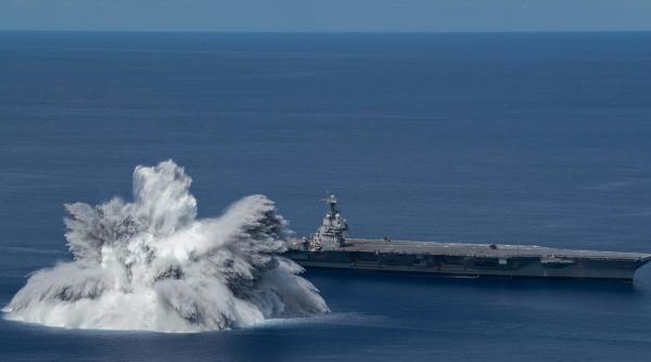 USS Gerald R. Ford a trecut testul la șoc (Foto/Video). Explozia subacvatică a produs un „cutremur” de 3.9 pe Richter