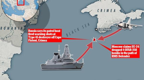 Ce jocuri propagandistice face Rusia în cazul HMS Defender (Foto/Video). Distrugătorul britanic a fost hărţuit de avioane şi nave ruseşti