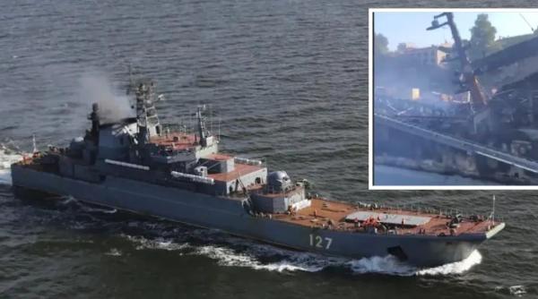 Primele imagini cu nava rusă "Minsk" după ce a fost lovită cu rachete (Video): Cât de mari sunt pagubele şi de ce repararea este greu de realizat?