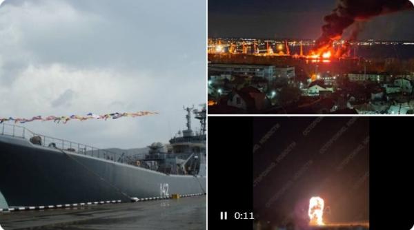 Încă o lovitură primită de Marina rusă: Nava de desant Novocherkassk, din portul Feodosia din Crimeea, a fost distrusă într-o explozie uriașă