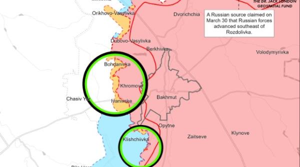 După ce au luat Bahmutul, rușii forțează la periferia orașului Chasiv Yar. Ținta sunt cele două obiective vitale din Donețk - orașele Sloviansk și Kramatorsk