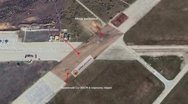 Nu numai avioanele Su-30, ci și radarele rusești au fost lovite în timpul atacului efectuat de ucraineni asupra aerodromului Saki (Foto satelit)