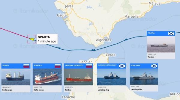 Mișcări de nave rusești în Marea Mediterană: “Expresul sirian” a ieșit prin Strâmtoarea Gibraltar, în timp ce navele de luptă se întorc spre portul Tartus