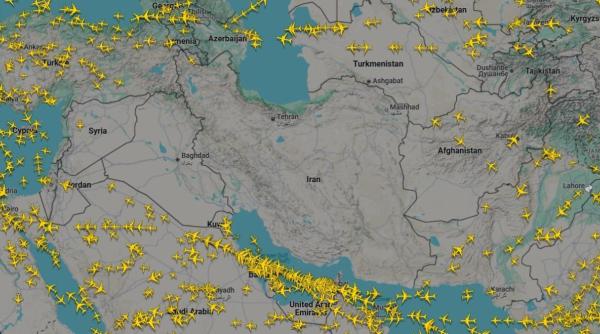 Așa arată cum spațiul aerian de deasupra Iranului și Irakului. Teheranul a lansat aproximativ 100 de drone spre Israel, ca răspuns la atacul de azi-noapte