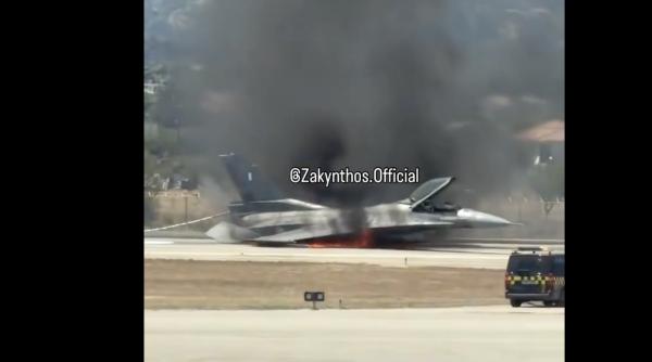 Un F-16 a aterizat de urgență în Zakynthos și a luat foc (Video). Traficul aerian pe micuța insulă turistică, dat peste cap